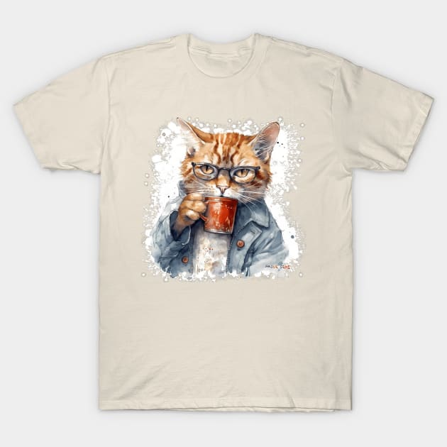 Grumpy Hangover Cat in Glasses Coffee Cup T-Shirt by Amour Grki